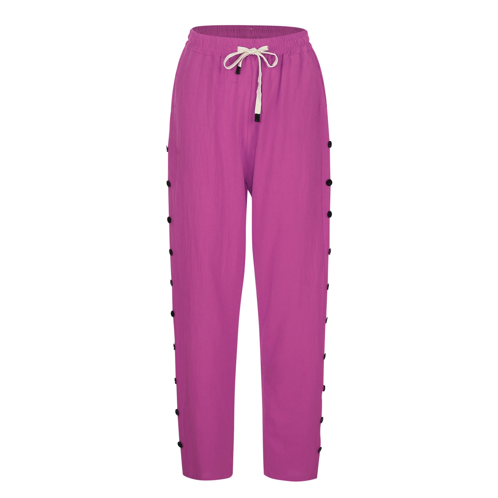 thumbnail image 4 of Pantalones holgados con cintura elástica y hebilla lateral de color liso para mujer - Pantalones informales de poliéster con bolsillos traseros, tallas S-XXL, 4 of 8
